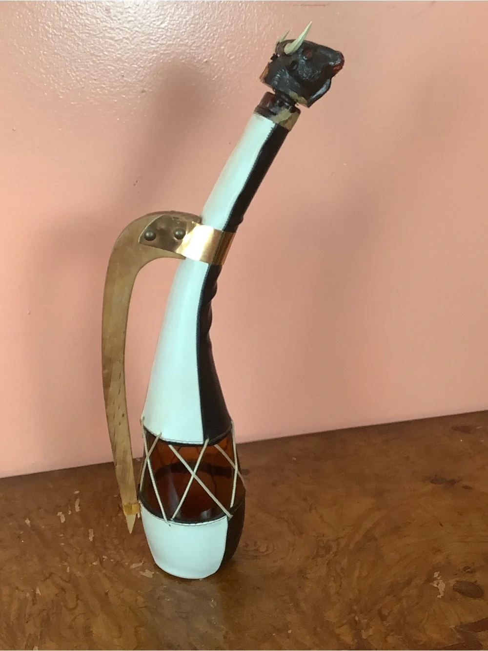 Red Black Leather-Wrapped Glass Decanter, Bull Head Stopper & Wood Handle 18”